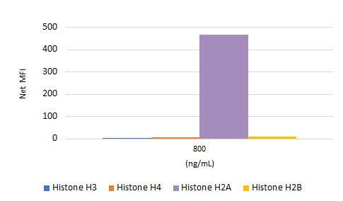 AbFlex Histone H2A antibody specificity AbFlex Histone H2A antibody (rAb) tested by Luminex bead-based specificity analysis. Luminex bead-based specificity analysis was used to confirm the specificity of AbFlex Histone H2A antibody (rAb) for Histone H2A. Various Histone proteins were conjugated to MagPlex Luminex beads and incubated with various amounts of AbFlex Histone H2A antibody (rAb). Protein-bound antibody was detected with anti-mouse IgG-Phycoerythrin and read in a Luminex instrument. Luminex is a registered trademark of Luminex Corporation.