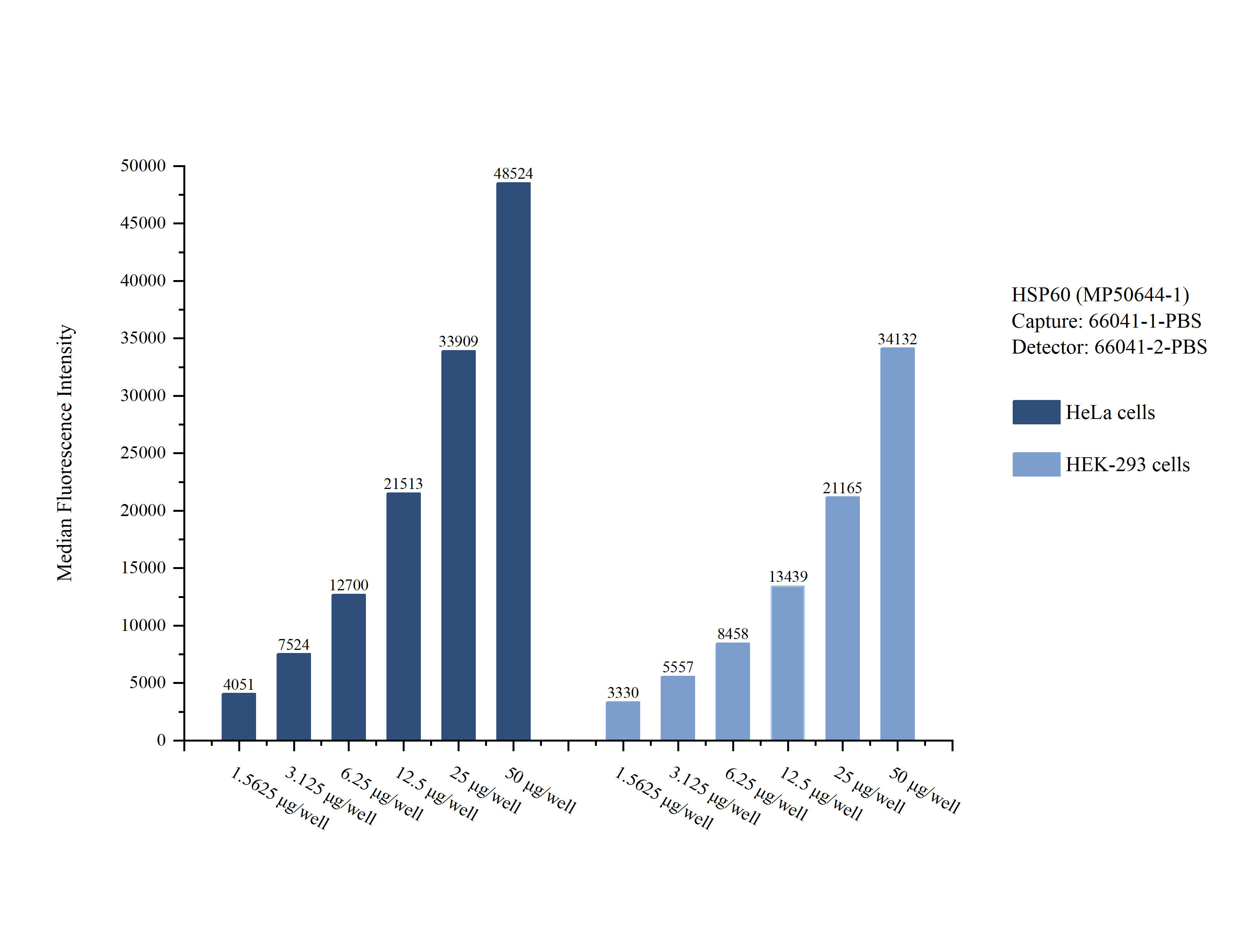 Cytometric bead array sample test of MP50644-1, HSPD1 Monoclonal Matched Antibody Pair, PBS Only. Capture antibody: 66041-1-PBS. Detection antibody: 66041-2-PBS. Cytometric bead array sample test of MP50644-1, HSPD1 Monoclonal Matched Antibody Pair, PBS Only. Capture antibody: 66041-1-PBS. Detection antibody: 66041-2-PBS.