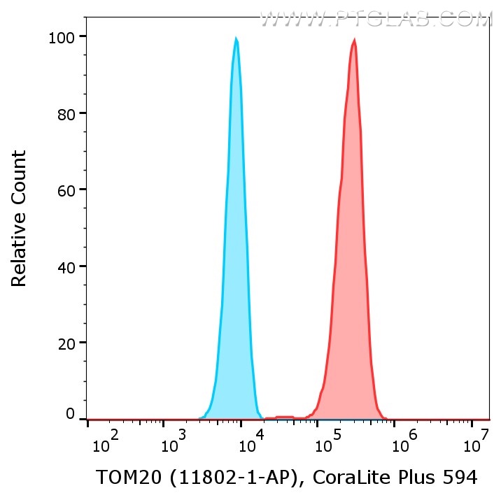 Flow cytometry of Hela cells. 1X10^6 Hela cells were intracellularly stained with anti-TOM20 rabbit polyclonal antibody (11802-1-AP, red) or with isotype control antibody (blue) labeled with FlexAble CoraLite® Plus 594 Kit (KFA009).