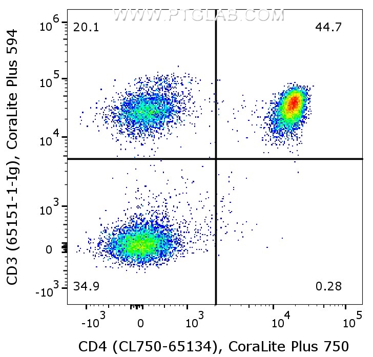 Flow cytometry of PBMCs. 1X10^6 human peripheral blood mononuclear cells (PBMCs) were stained with anti-CD3 (clone UCHT1, 65151-1-Ig) labeled with FlexAble CoraLite® Plus 594 Kit (KFA029) and co-stained anti-CD4 (CL750-65134) antibody. Cells are not fixed.