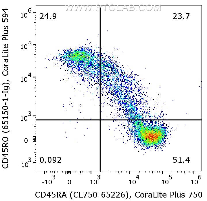 Flow cytometry of PBMCs. 1X10^6 human peripheral blood mononuclear cells (PBMCs) were stained with anti-CD45RO (clone UCHL1, 65150-1-Ig) labeled with FlexAble CoraLite® Plus 594 Kit (KFA049) and co-stained anti-CD45RA (CL750-65226) antibody. Cells are not fixed.
