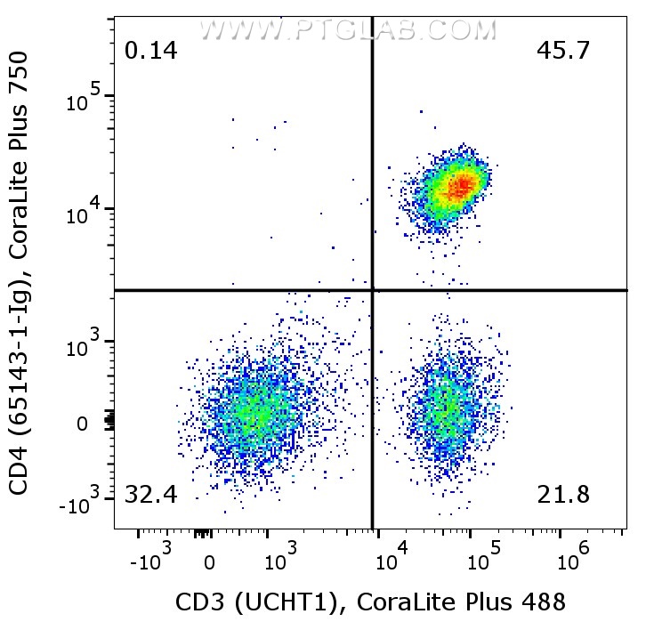 1X10^6 human PBMCs were surface co-stained with CoraLite® Plus 488 Anti-Human CD3 (CL488-65151, Clone:UCHT1), and Anti-Human CD4 (65143-1-Ig, Clone:RPA-T4) labeled with FlexAble 2.0 CoraLite® Plus 750 Kit (KFA524). Cells were not fixed. Lymphocytes were gated.