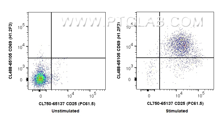 用Mouse Activated T Cell Panel（PK30013）对1x10^6 ConA刺激的（左图）和未刺激的（右图）小鼠脾细胞进行染色。散点图显示CD3+ CD4+ T淋巴细胞上CD25和CD69的表达。细胞未固定。