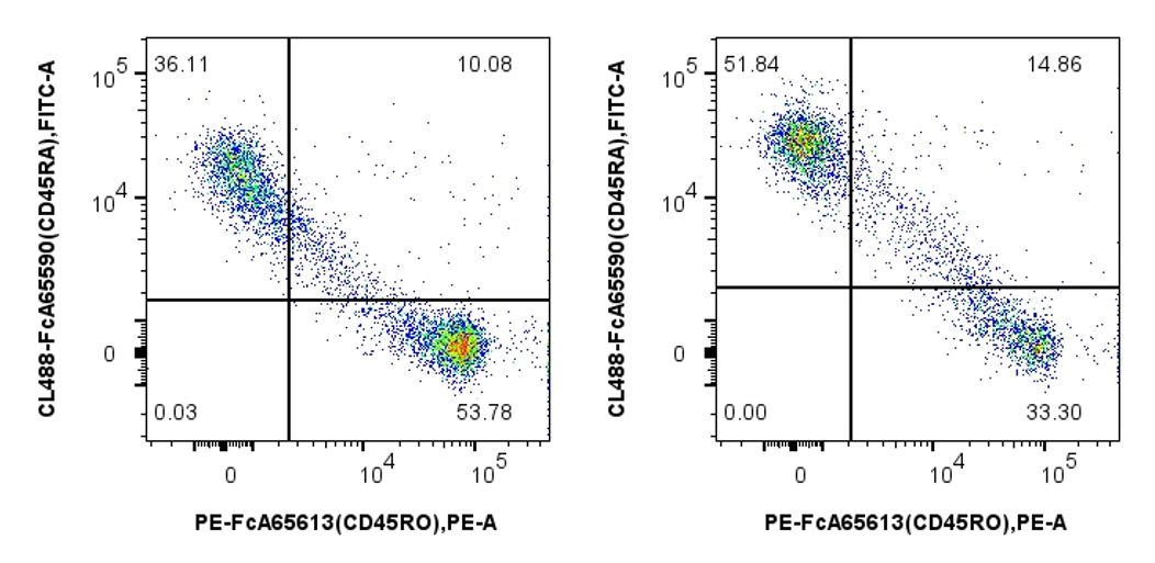用FcZero-rAb® Human Naïve/Memory T Cell Panel（PK30058）对1x10^6人外周血单核细胞进行染色。散点图显示CD3+CD4+（左）和CD3+/CD8+（右）淋巴细胞上CD45RA和CD45RO的表达。细胞未固定。