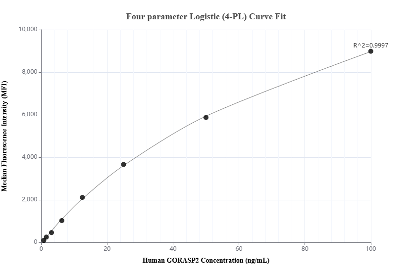 Cytometric bead array standard curve of MP01795-2, GORASP2 Recombinant Matched Antibody Pair, PBS Only. Capture antibody: 85077-1-PBS. Detection antibody: 85077-2-PBS. Standard: Ag0950. Range: 0.781-100 ng/mL.