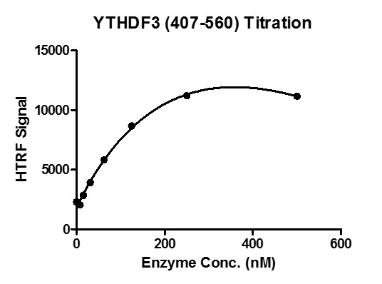 HTRF for YTHDF3 (407-560) activity 3 uM oligo m6A ssDNA (GTTGG/m6A/CTT) was incubated with different concentrations of YTHDF3 (407-560) protein in a 10 ul reaction system containing 50 mM HEPES-NaOH pH 7.5, 0.1% BSA for 1 hour, then 10 ul FLAG antibody and SA-XL665 mixture (1:100 dilution in the same buffer) was added to each reaction system and incubated for 30 min. All the operations and reactions were performed at room temperature. HTRF assay was used for detection.