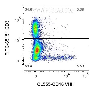 1x10^6 human PBMCs were surface stained with 0.25ug CoraLite® Plus 555 conjugated CD16 VHH (CL555-CD16) and FITC CD3 (FITC-65151). Cells were not fixed. Cells were treated with FC Receptor Block prior to staining. Lymphocytes and monocytes were gated. 1x10^6 human PBMCs were surface stained with 0.25ug CoraLite® Plus 555 conjugated CD16 VHH (CL555-CD16) and FITC CD3 (FITC-65151). Cells were not fixed. Cells were treated with FC Receptor Block prior to staining. Lymphocytes and monocytes were gated.