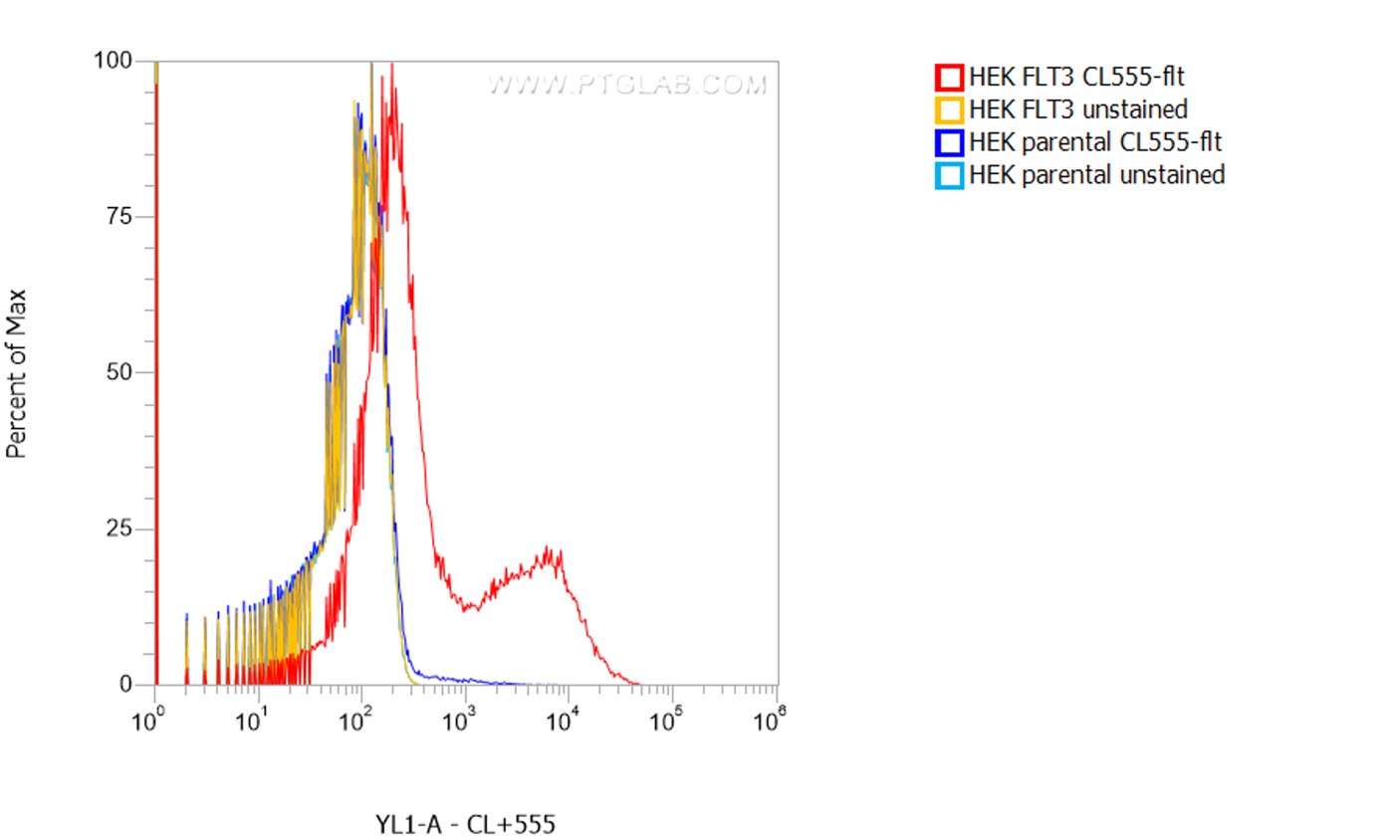 1X10^6 HEK FLT3 transient transfected cells (red) and HEK parental cells were surface stained with 0.5 µg CoraLite® Plus 555 conjugated FLT3 VHH (CL555-flt). Cells were not fixed.