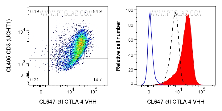 Left: 1x10^6 PHA-treated (3d) human PBMCs were surface stained with 0.5ug CoraLite® Plus 647 conjugated CTLA-4 VHH (CL647-ctl) and CL405 CD3 (CL405-65151). Right: 1x10^6 PHA-treated (3d) human PBMCs were surface stained with 0.5ug CoraLite® Plus 647 conjugated CTLA-4 VHH (CL647-ctl) (red) or unstained (blue). 1X10^6 untreated human PBMCs were surface stained with 0.5ug CoraLite® Plus 647 conjugated CTLA-4 VHH (CL647-ctl) (black dashed). Cells were treated with FC Receptor Block prior to staining. Cells were fixed and permeabilized using Transcription Factor Staining Buffer Kit (PF00011). Lymphocytes were gated.