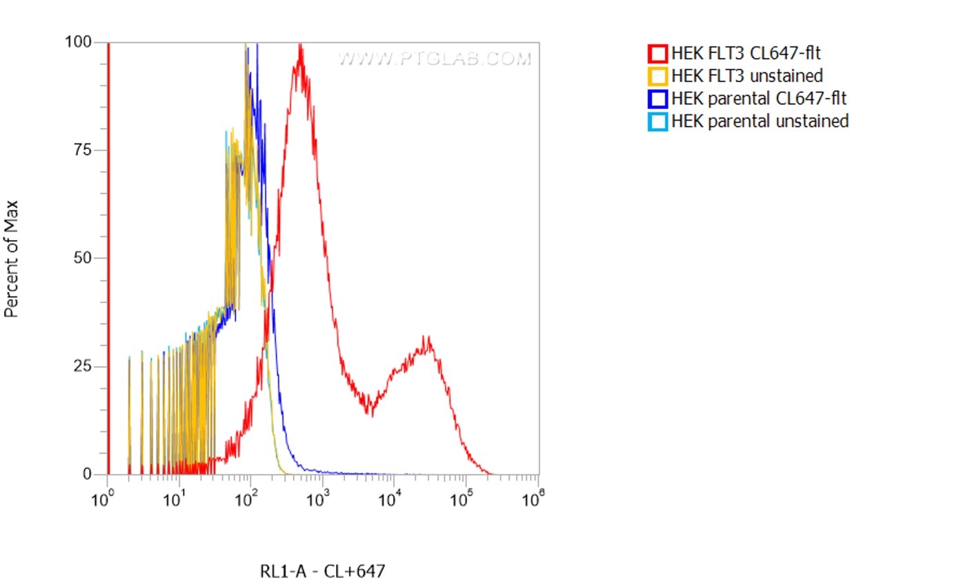 1X10^6 HEK FLT3 transient transfected cells (red) and HEK parental cells were surface stained with 0.5 µg CoraLite® Plus 647 conjugated FLT3 VHH (CL647-flt). Cells were not fixed.