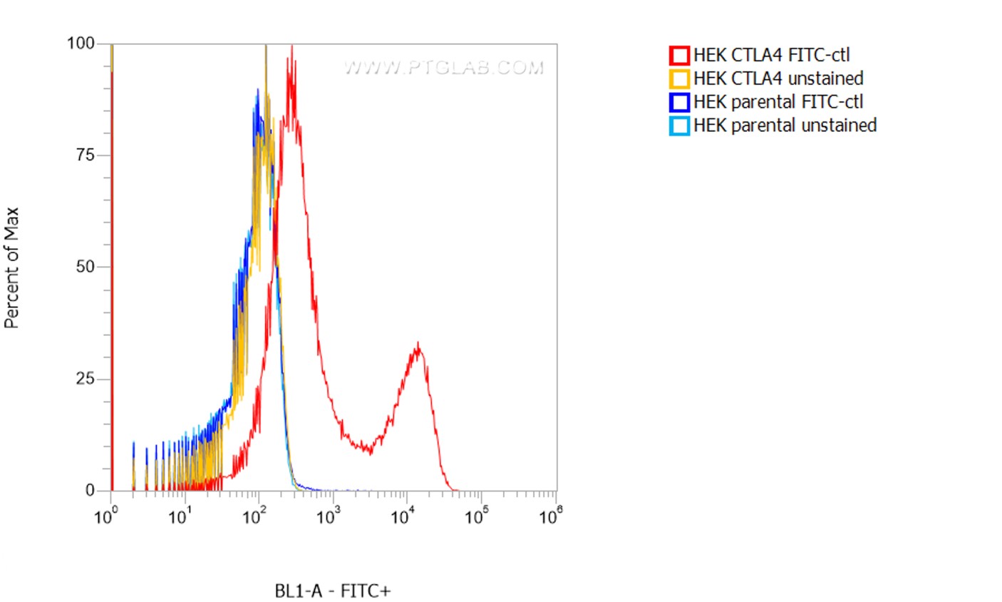 1X10^6 HEK CTLA4 transient transfected cells (red) and HEK parental cells were surface stained with 0.5 µg FITC Plus conjugated-CTLA4 VHH (FITC-ctl). Cells were not fixed.