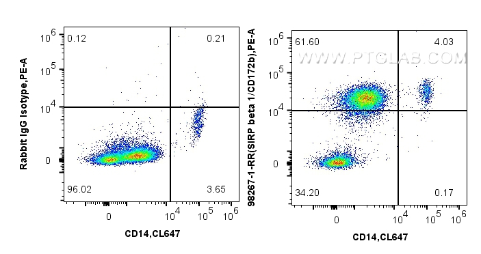 FC experiment of human peripheral blood leukocytes using 98267-1-RR (same clone as 98267-1-PBS)