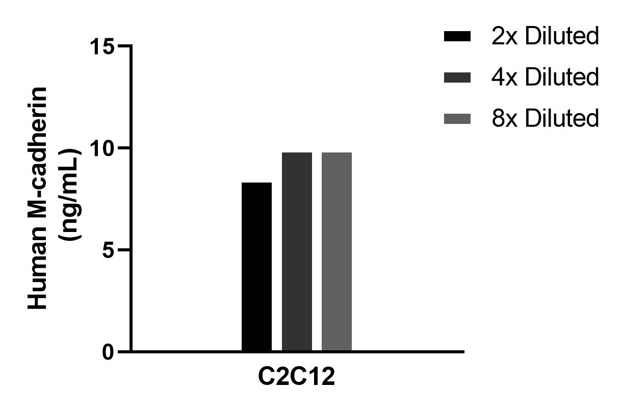 The mean M-cadherin concentration was determined to be 9.4 ng/mL in C2C12 cell extract based on a 3.0 mg/mL extract load. The mean M-cadherin concentration was determined to be 9.4 ng/mL in C2C12 cell extract based on a 3.0 mg/mL extract load.