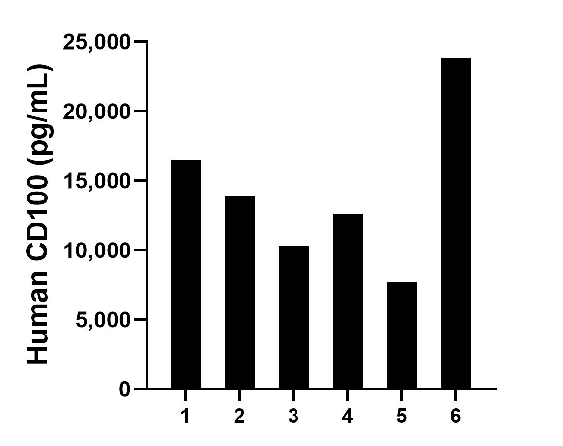 Serum of six individual healthy human donors was measured. The human CD100 concentration of detected samples was determined to be 14,122.6 pg/mL with a range of 7,698.6 - 23,788.0 pg/mL.