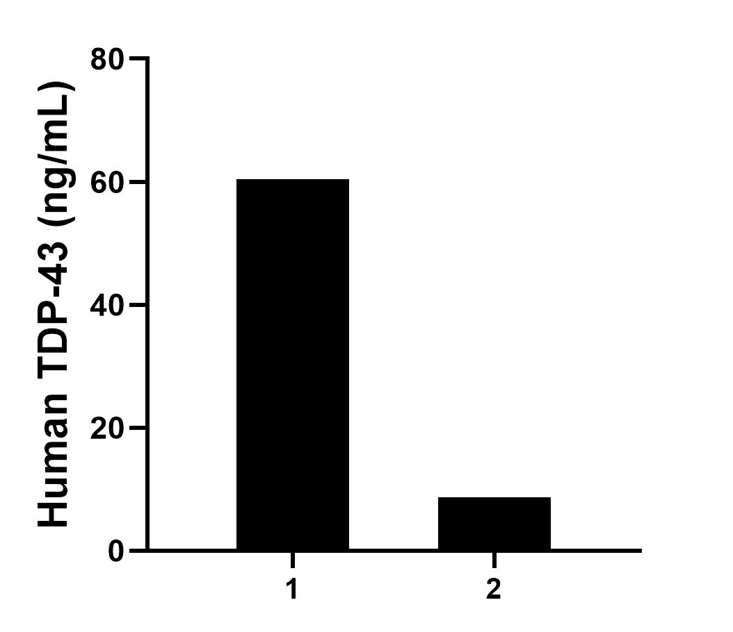 Human cerebrospinal fluid (CSF) of two individual human donors was measured. The TDP-43 concentrations of detected samples were determined to be 60.40 ng/mL and 8.70 ng/mL, respectively. Human cerebrospinal fluid (CSF) of two individual human donors was measured. The TDP-43 concentrations of detected samples were determined to be 60.40 ng/mL and 8.70 ng/mL, respectively.