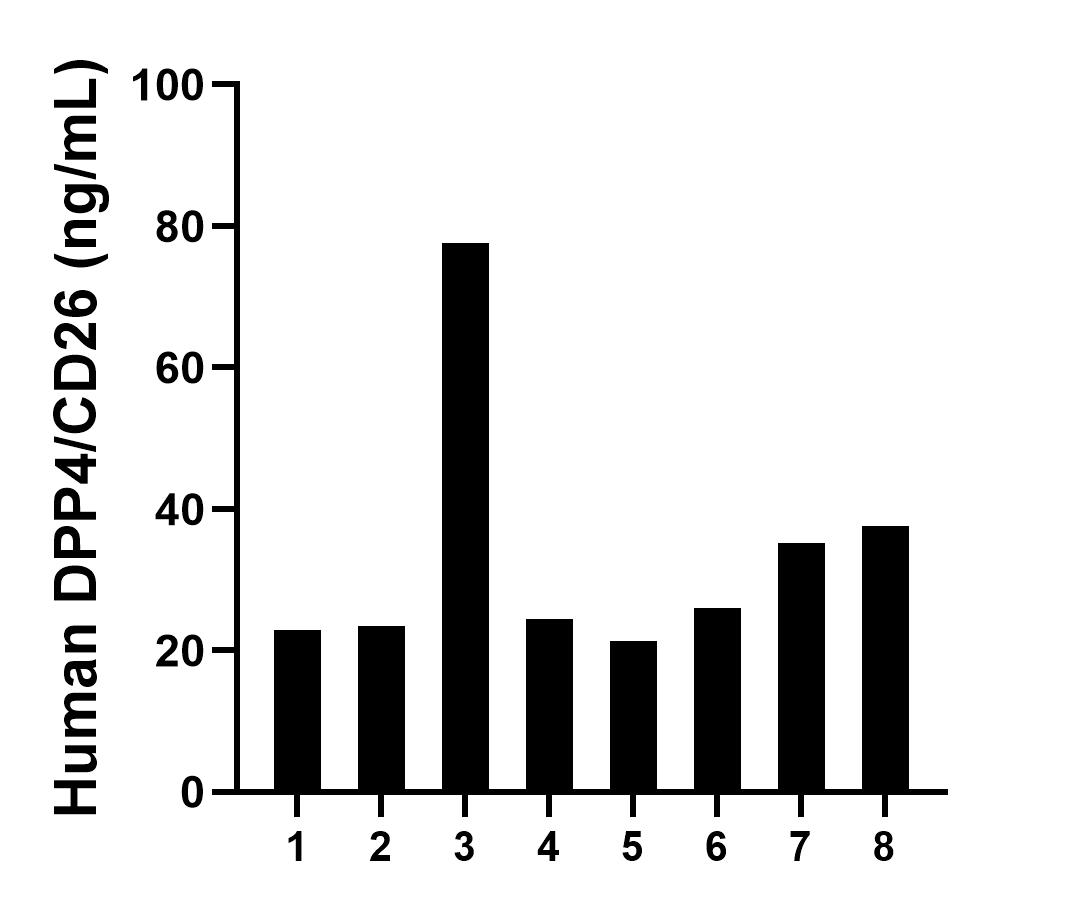 Saliva of eight individual healthy human donors was measured. The DPP4/CD26 concentration of detected samples was determined to be 33.57 ng/mL with a range of 21.27-77.69 ng/mL. Saliva of eight individual healthy human donors was measured. The DPP4/CD26 concentration of detected samples was determined to be 33.57 ng/mL with a range of 21.27-77.69 ng/mL.