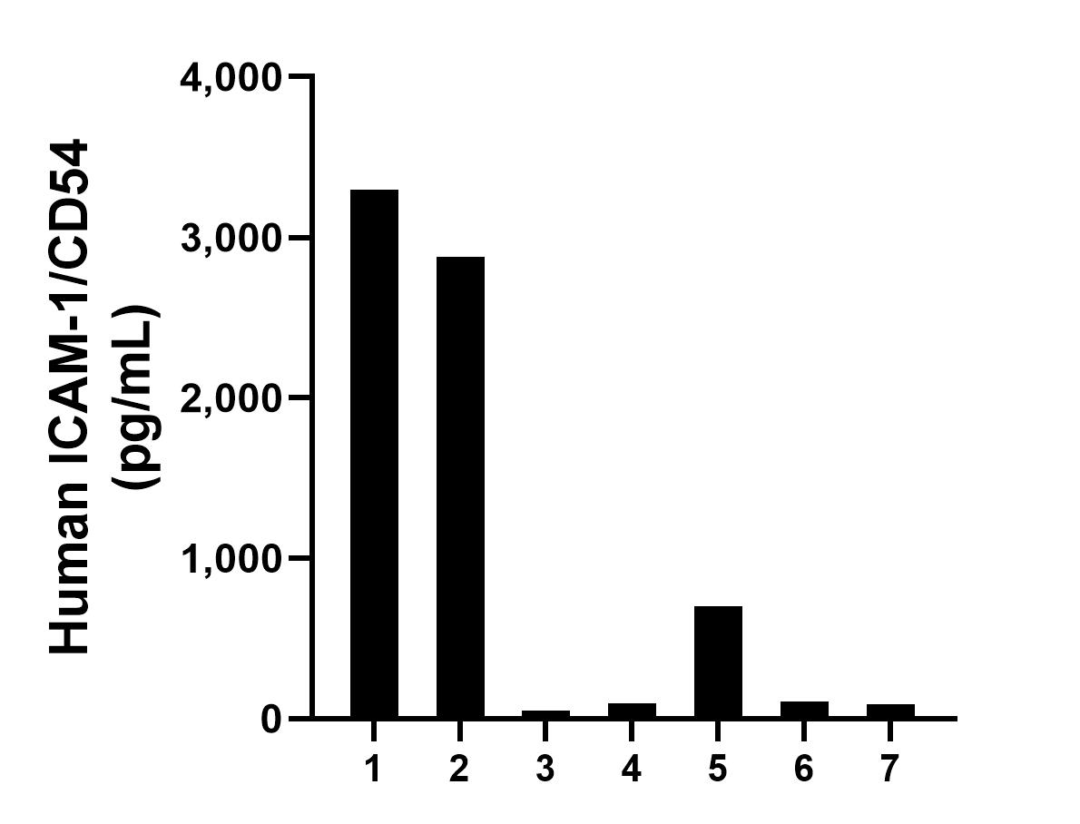 Urine of seven individual healthy human donors was measured. The human ICAM-1/CD54 concentration of detected samples was determined to be 1,031.9 pg/mL with a range of 49.7 - 3,299.7 pg/mL. Urine of seven individual healthy human donors was measured. The human ICAM-1/CD54 concentration of detected samples was determined to be 1,031.9 pg/mL with a range of 49.7 - 3,299.7 pg/mL.